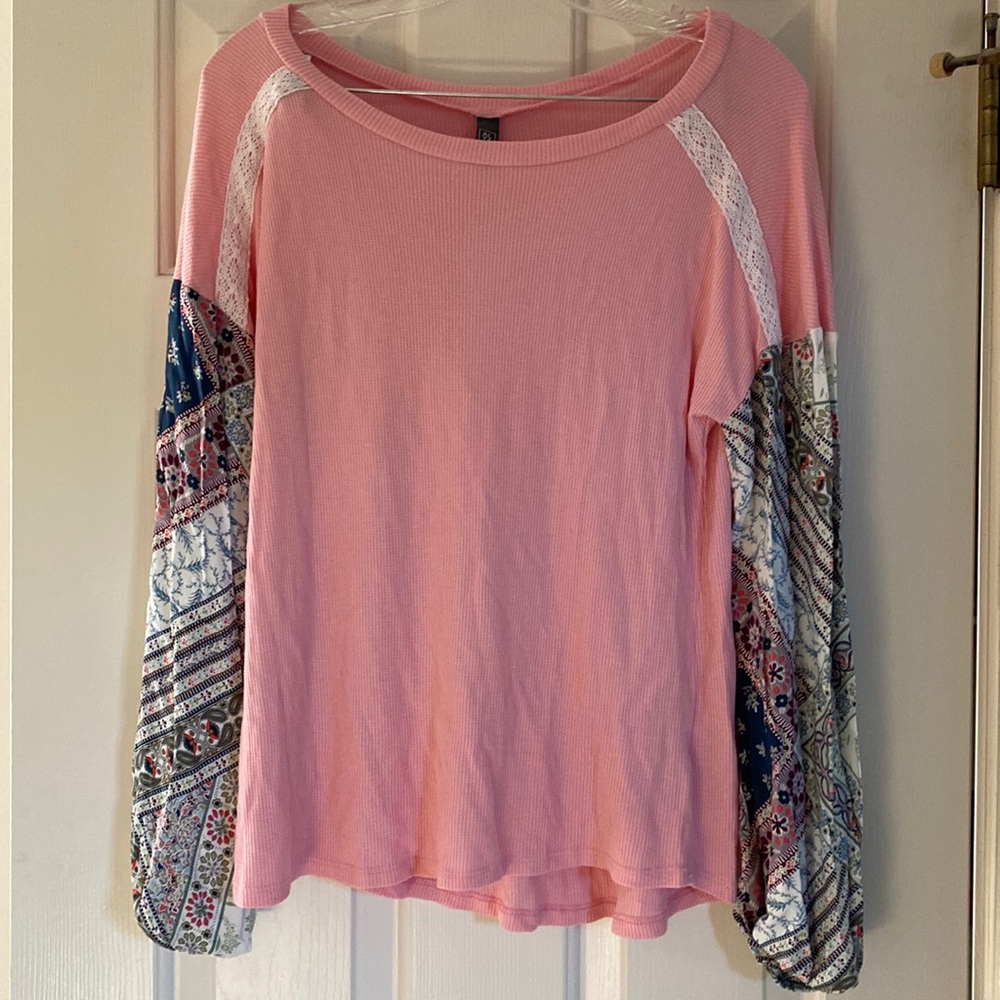 Francesca’s Blush Top with Patterned Sleeves